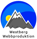 Logotyp för företaget bestående av ett tecknat berg med snö på, en stigande sol i väst, och blå himmel.